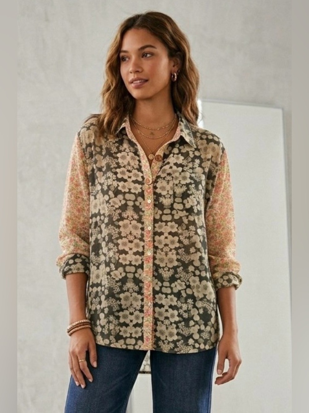 Natural Life Boho Relaxed Fit Floral Patchwork Ling Sleeve Buttondown Top Size M